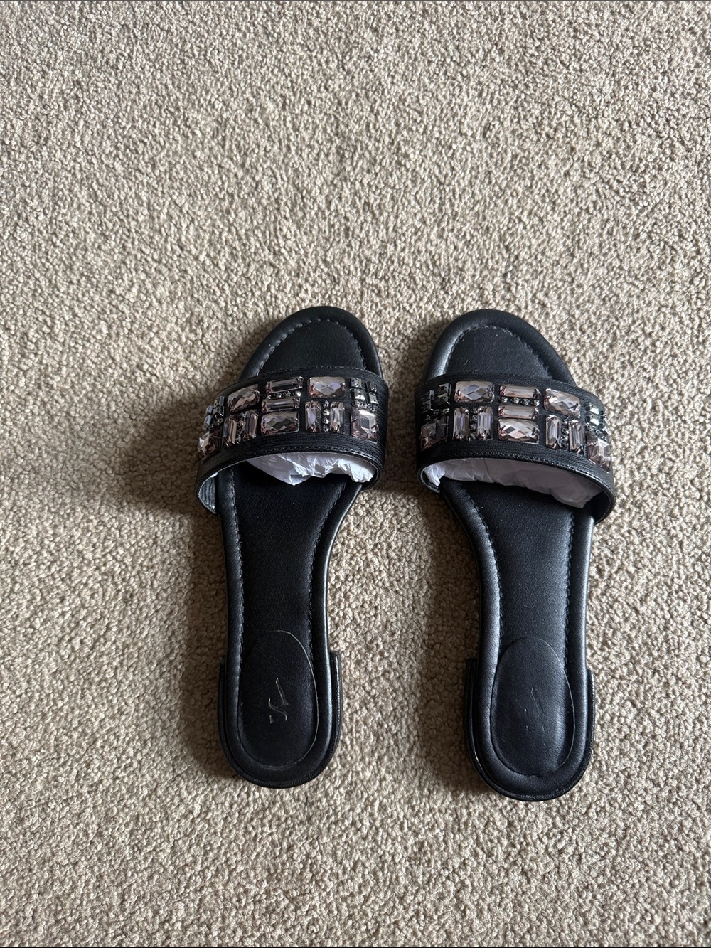 Vera Wang Black Jeweled Slide Sandals with Clear Crystal Accents